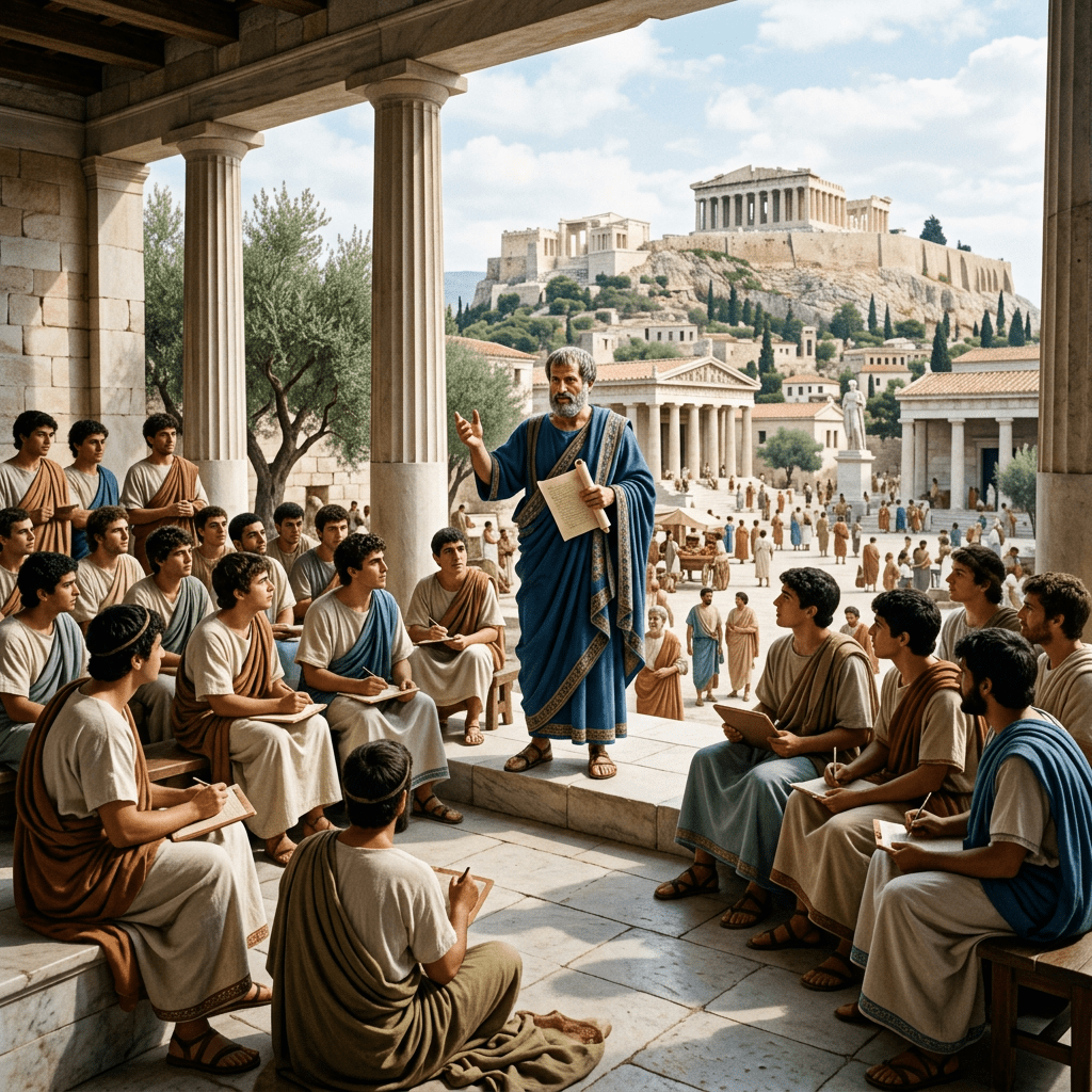 Ancient Greek philosopher lecturing young men outdoors with Acropolis visible
